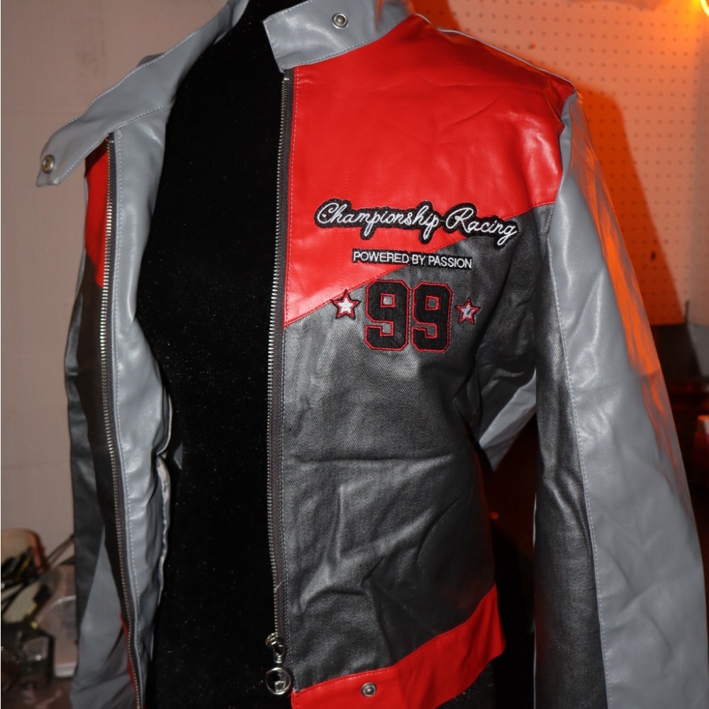 Fashion Nova Red and Gray Racing Jacket with Embroidered Letters🏎️